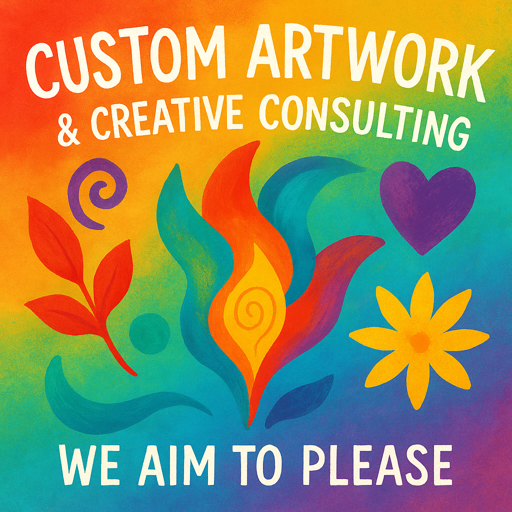 Colorful abstract design with text about custom artwork and creative consulting on a gradient background.