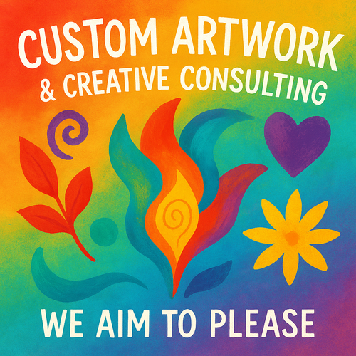 Colorful abstract design with text about custom artwork and creative consulting on a gradient background.